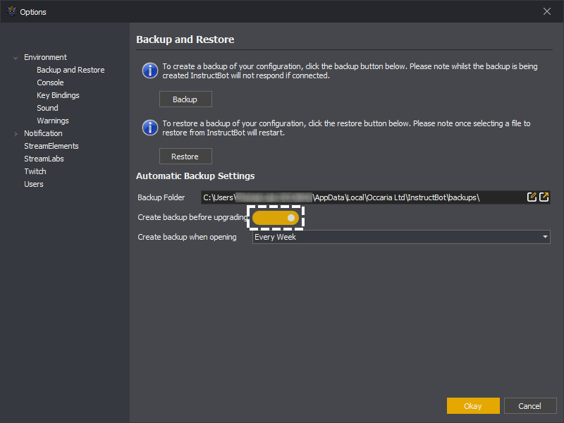 Showing the create backup before upgrading setting in the options of InstructBot.