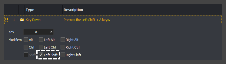 The input command action editor showing the Left Shift selected for a key down action in InstructBot.