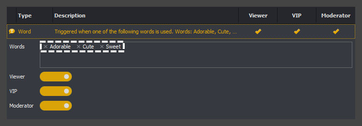 The trigger editor showing a multiple word, words trigger in InstructBot.