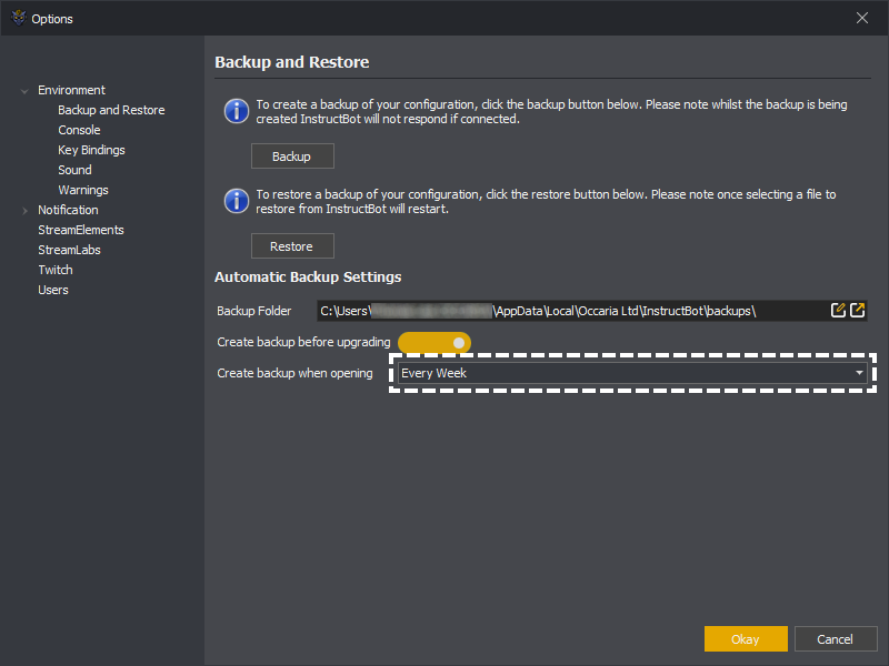 Showing the create backup when opening setting in the options in InstructBot.