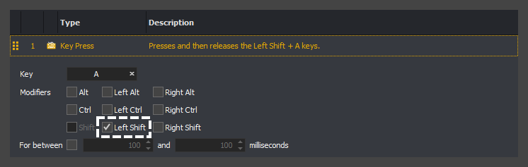 The input command action editor showing the Left Shift selected for a key press action in InstructBot.