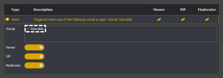 The trigger editor showing a single word, words trigger in InstructBot.