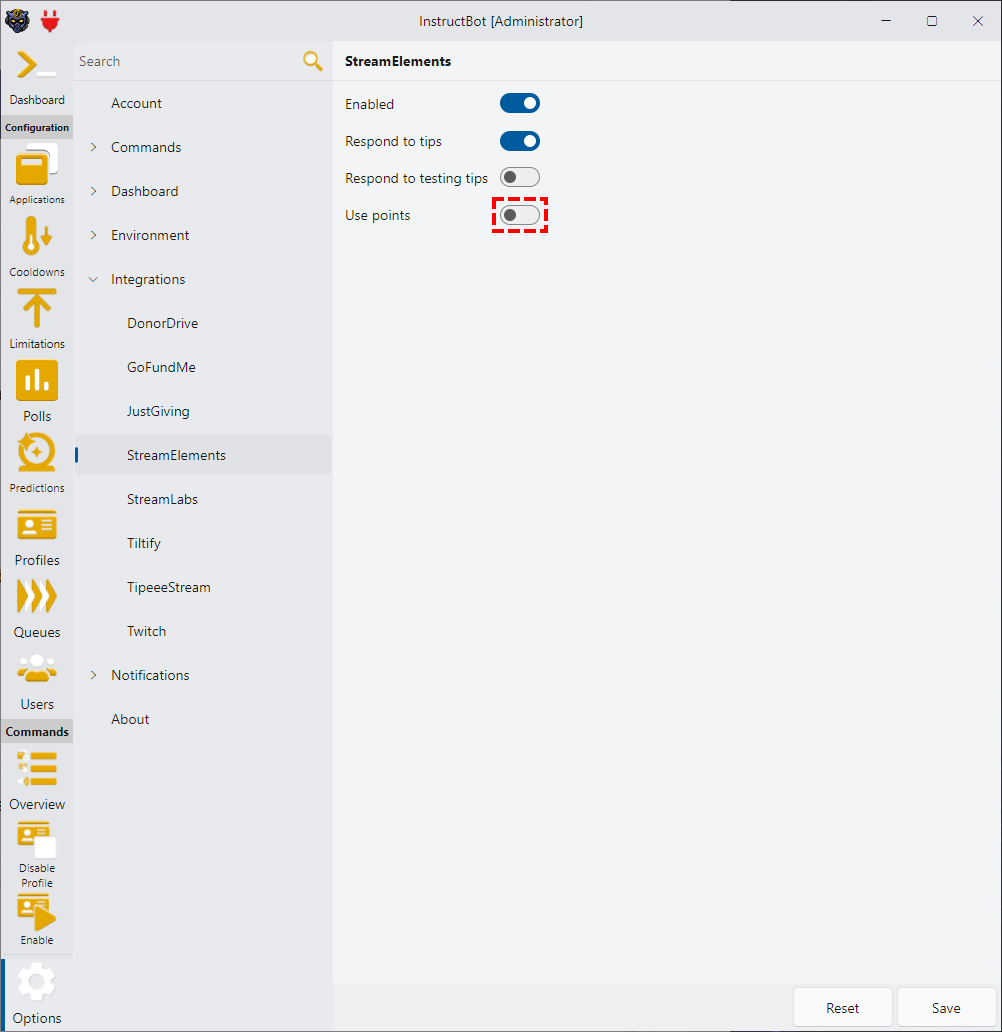 Showing how to disable points for StreamElements in InstructBot.