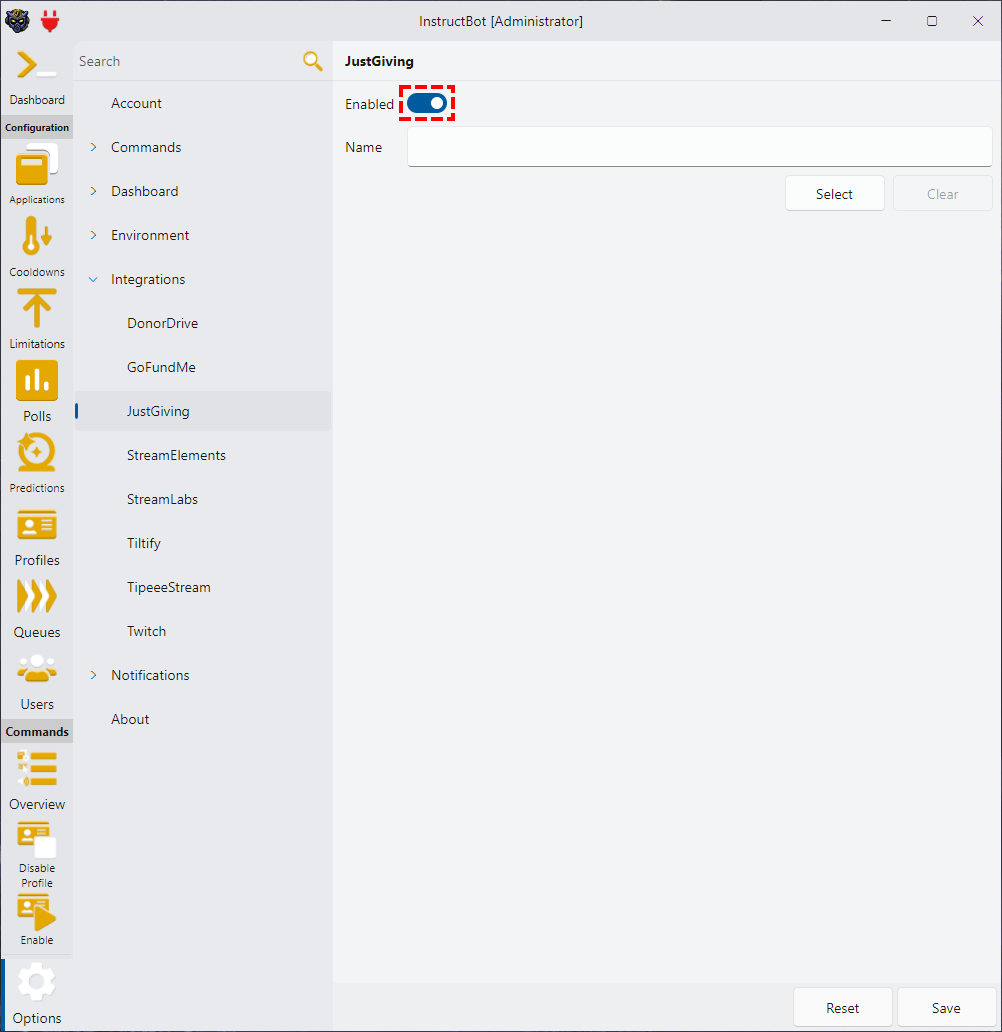 Showing how to enable JustGiving in InstructBot.