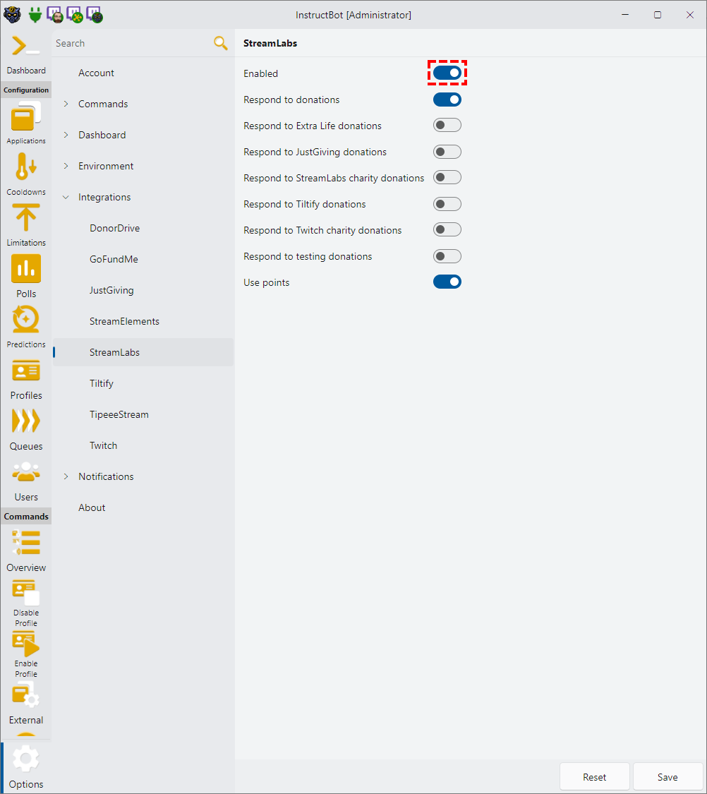 Showing how to enable StreamLabs in InstructBot