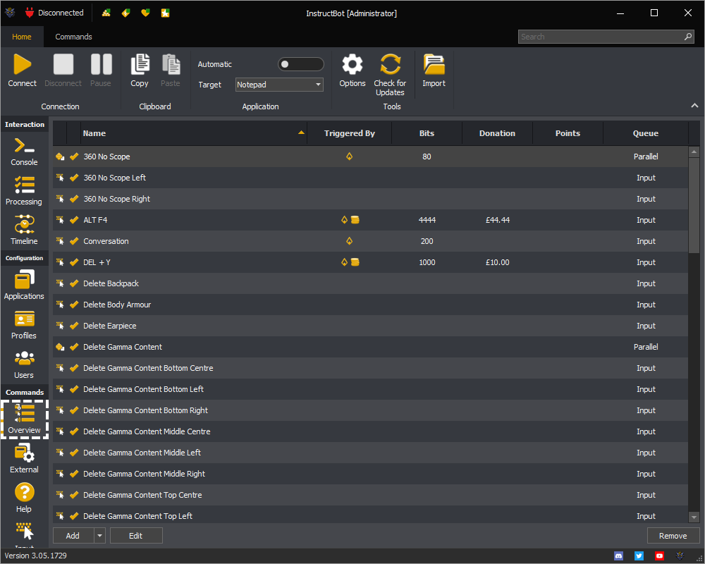 InstructBot showing were the commands overview screen is located.