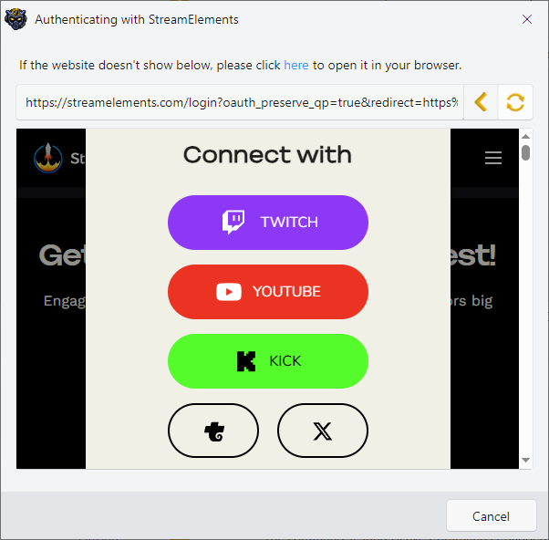 InstructBot showing the StreamElements login screen.