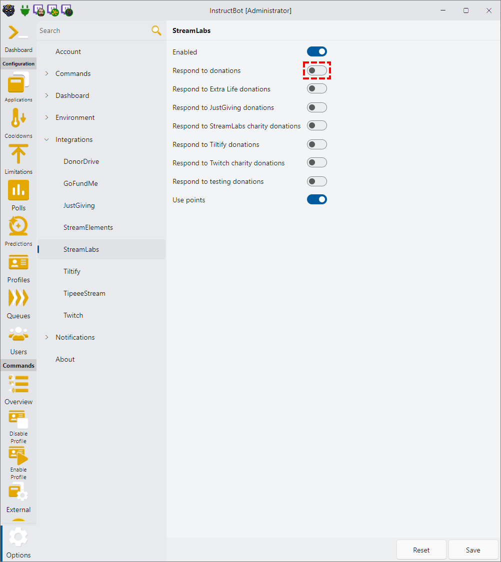 Showing how to disable donations for StreamLabs in InstructBot.