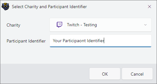The charity and participant identifier input window used to configure DonorDrive in InstructBot.