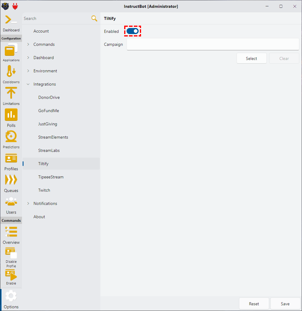 Showing how to enable Tiltify in InstructBot.