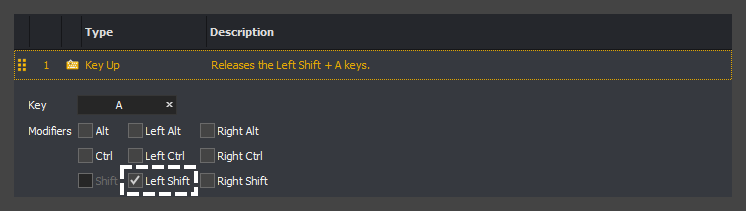 The input command action editor showing the Left Shift selected for a key up action in InstructBot.