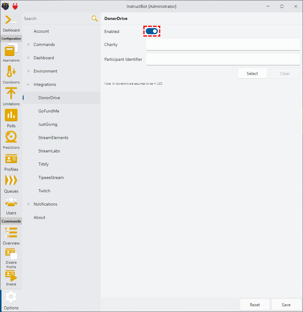 Showing how to enable DonorDrive in InstructBot