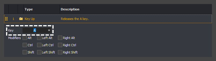 The input command action editor showing the A key selected for a key up action in InstructBot.