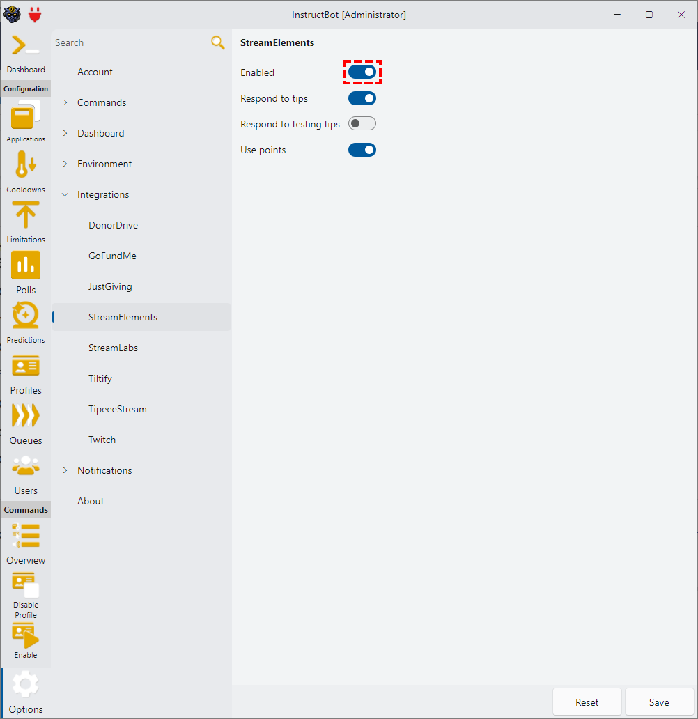 Showing how to enable StreamElements in InstructBot
