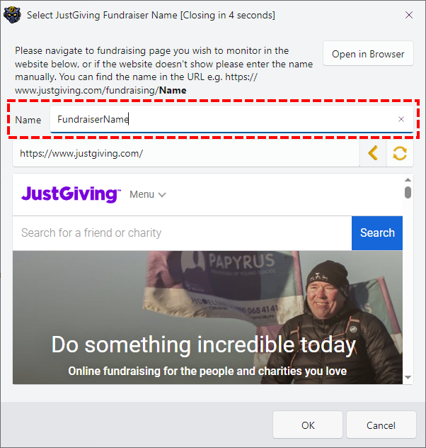 Image showing how to enter the fundraising name manually for JustGiving in InstructBot.