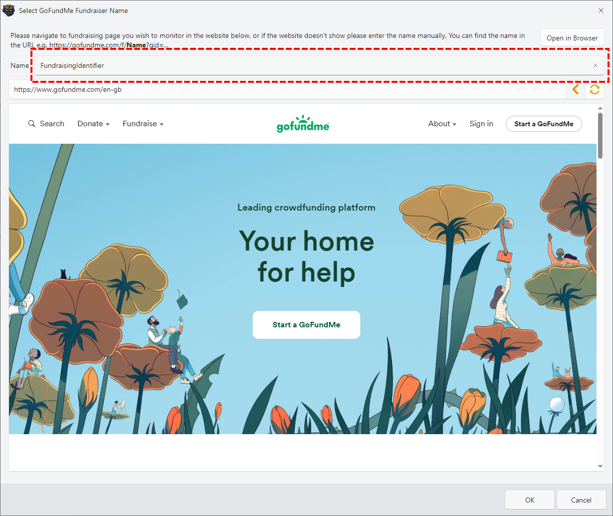 Image showing how to enter the fundraising identifier manually for GoFundMe in InstructBot.