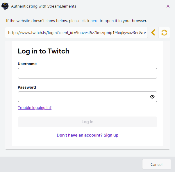 InstructBot showing the login screen for Twitch when signing into StreamElements.