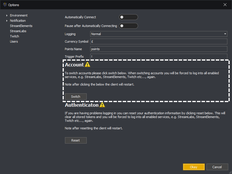 InstructBot options screen showing how to switch accounts.