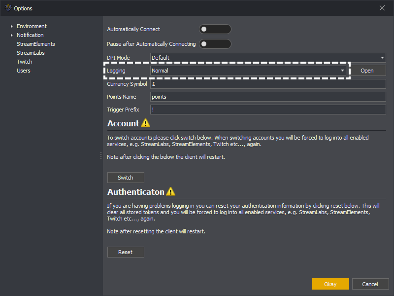 Showing how to change the Logging setting in the InstructBot options.