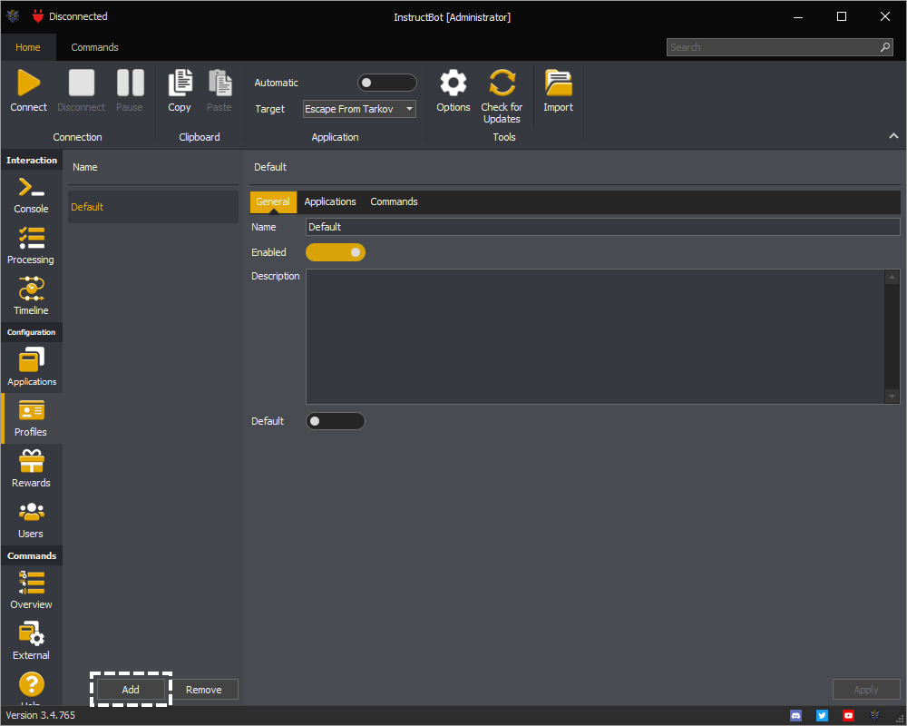 InstructBot profiles screen showing an example of how to add a profile.