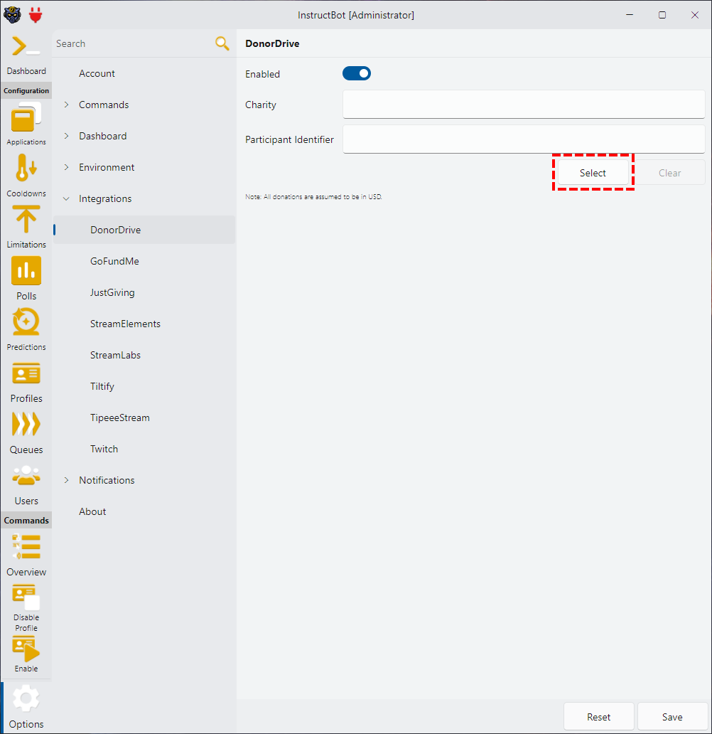 Image showing how to select a charity and enter a participant identifier in InstructBot for DonorDrive.