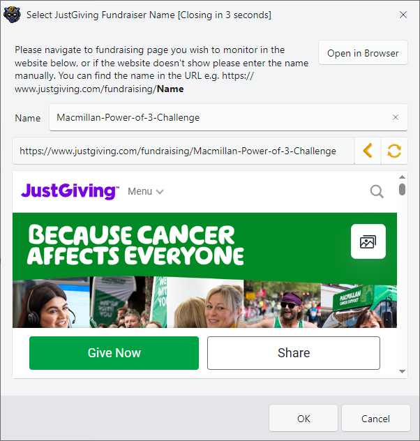 Image showing how to select the fundraising name automatically for JustGiving in InstructBot.