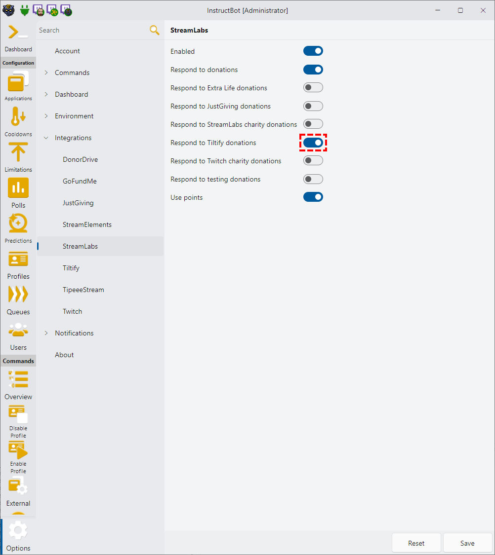 Showing how to enable other donations sources for StreamLabs in InstructBot.