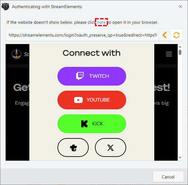InstructBot showing an example of how to authenticate with StreamElements using a browser.