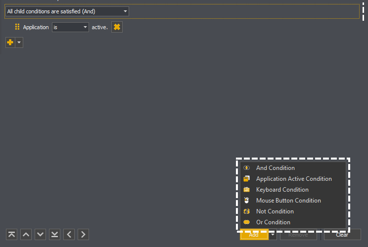 Condition editor showing the type of condition which can be added using the add button in InstructBot.
