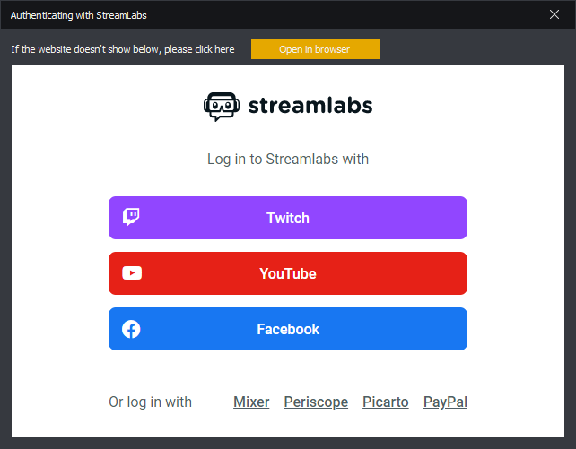 InstructBot showing StreamLabs login screen.