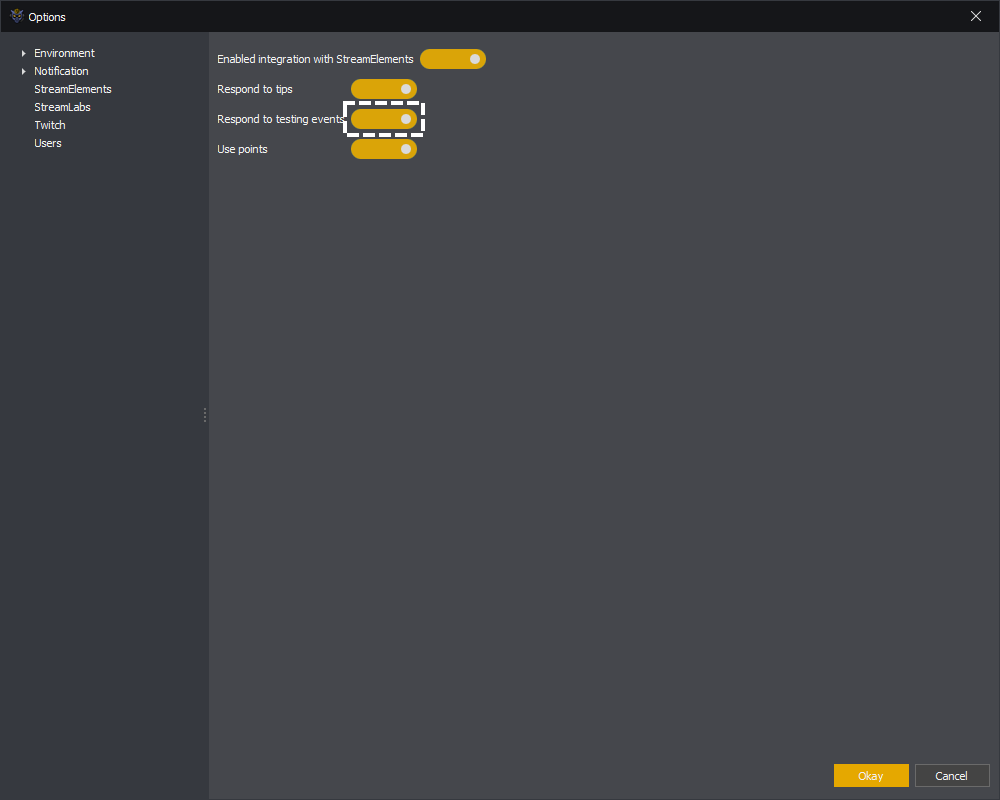 InstructBot options showing how to enable respond to testing events from StreamElements.