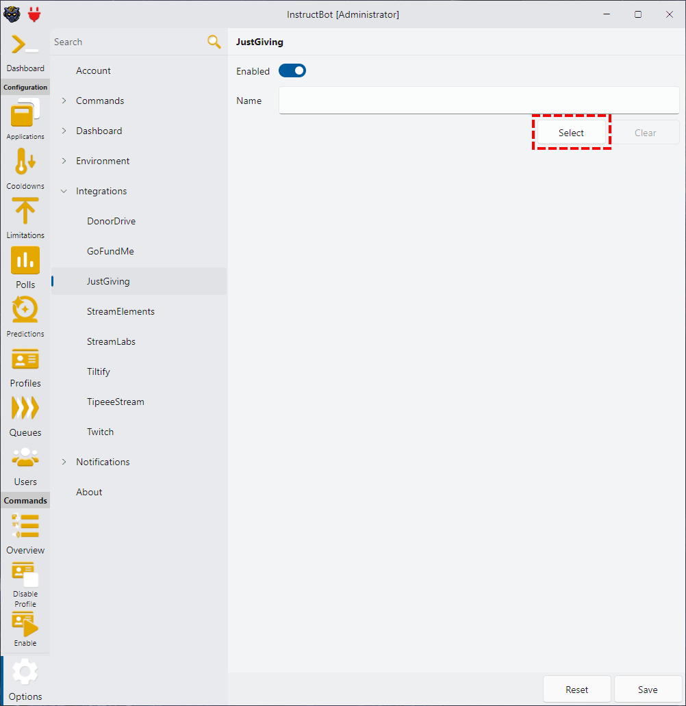 Showing how to select a fundraising name in InstructBot for JustGiving.