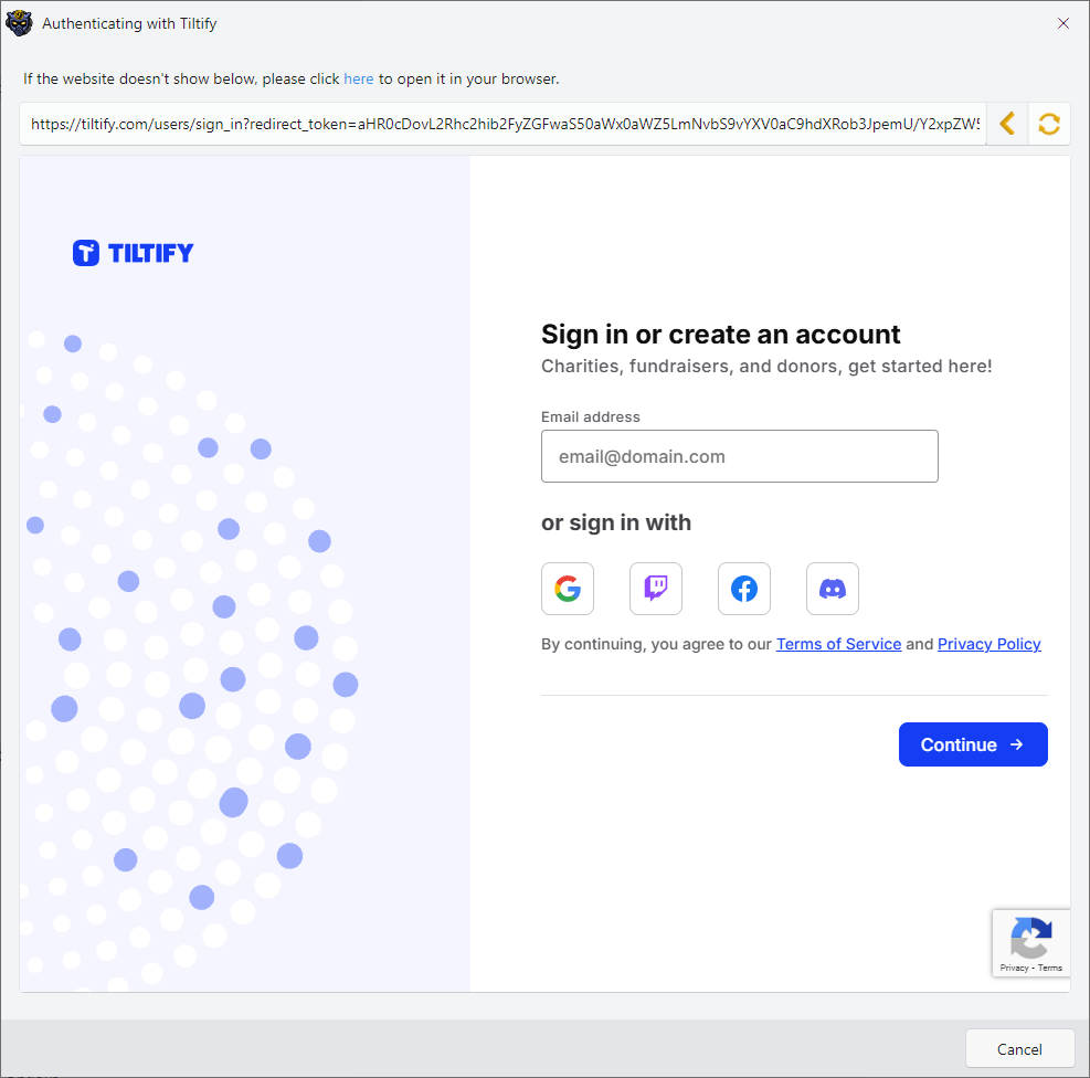 Image showing how to authenticate Tiltify with InstructBot.