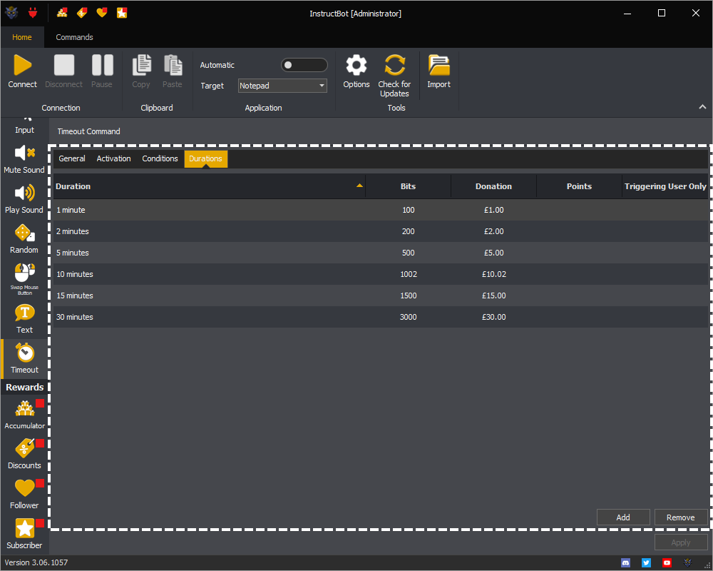 InstructBot showing the duration's of a timeout command.