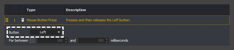The input command action editor showing the Left button selected for a mouse button press action in InstructBot.