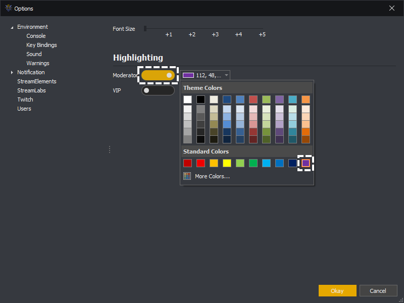 InstructBot options showing how to assigned a highlight colour to moderators.