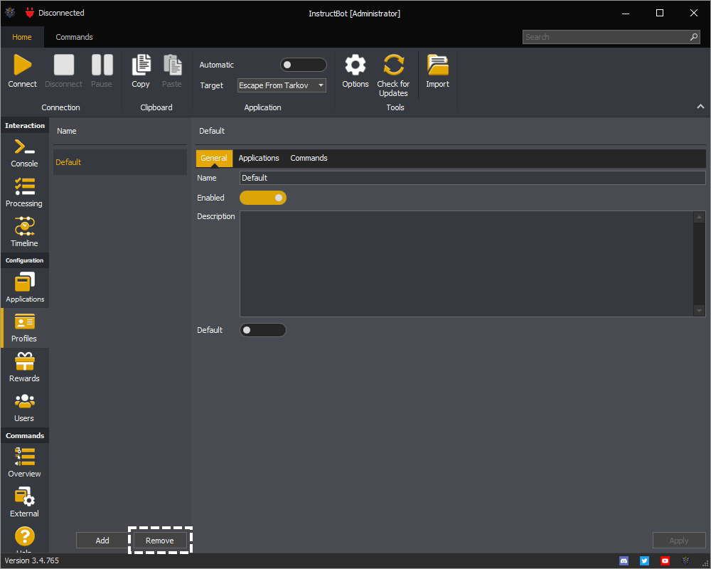 InstructBot profiles screen showing an example of how to remove a profile.