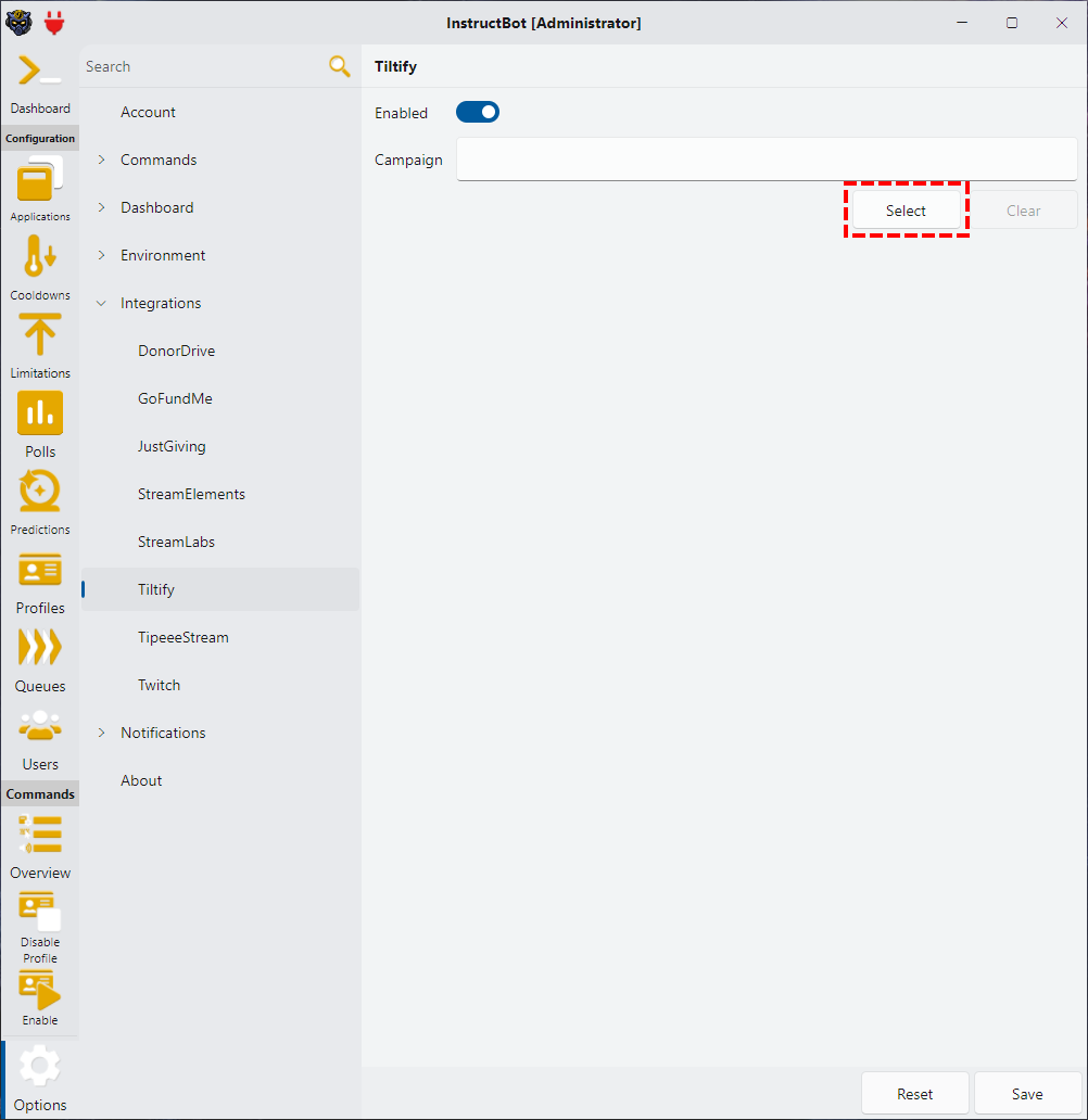 Showing how to select a campaign in InstructBot for Tiltify.
