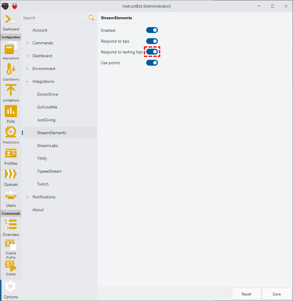 Showing how to enable testing tips for StreamElements in InstructBot