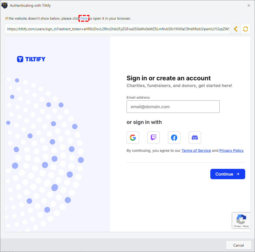 Image showing how to break out of using the built-in web browser and instead use the default browser in windows to authenticate.