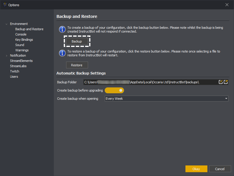 Showing the create backup button in the options of InstructBot.