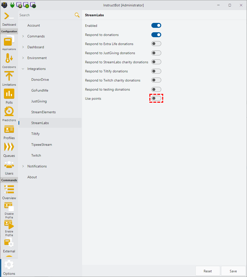 Showing how to disable points for StreamLabs in InstructBot