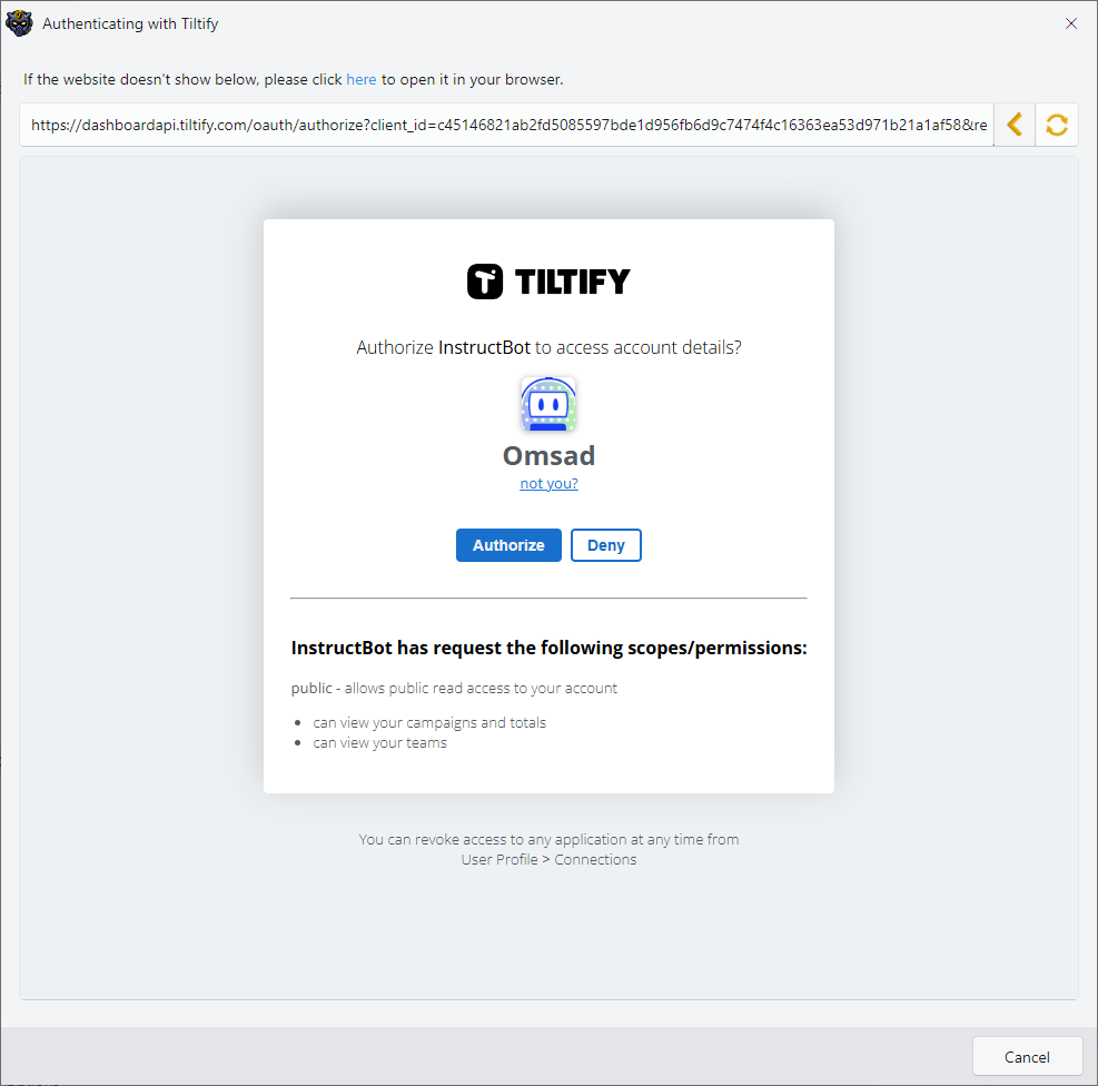 Image showing how to authorize InstructBot with the logged in user on Tiltify.